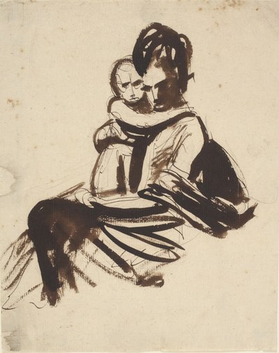 Estudo de retrato de uma mulher sentada a segurar uma criança de George Romney