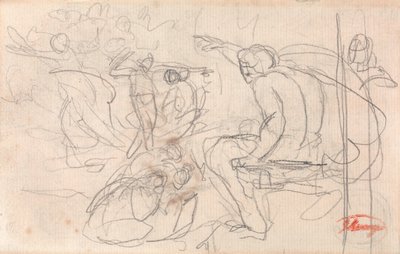 Possivelmente uma figura sentada que pronuncia uma sentença sobre uma figura ajoelhada de George Romney