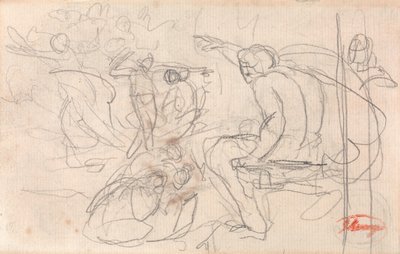 Figura sentada a proferir sentença sobre uma figura ajoelhada de George Romney