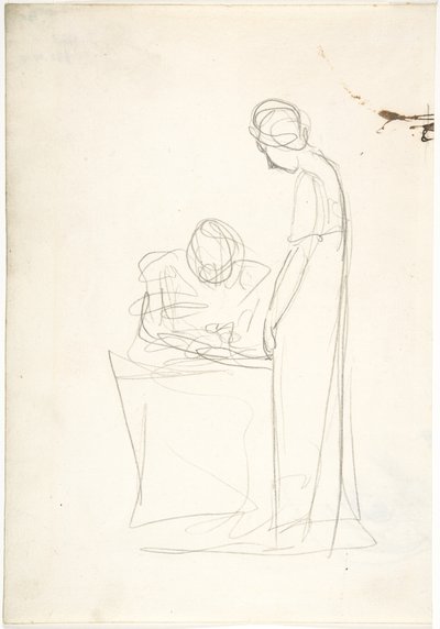 Estudo de duas figuras: uma sentada, a outra de pé (recto). Estudo de uma cabeça voltada para cima (verso) de George Romney