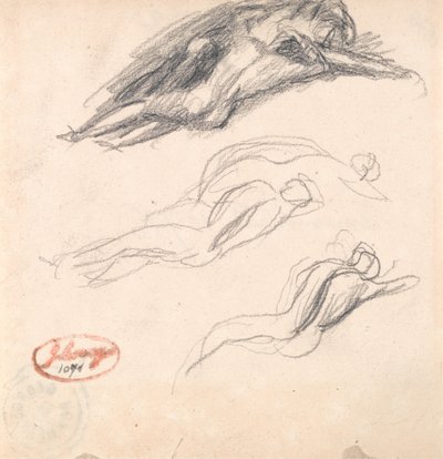 Três esboços de uma figura a dormir, provavelmente Adão e Eva para "Satanás descoberto na orelha de Eva" de George Romney