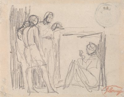 Três figuras de pé diante de uma figura sentada de George Romney