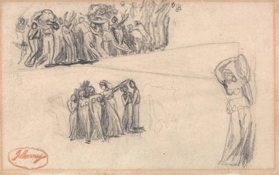 Dois esboços de mulheres e crianças em fuga e de uma figura feminina de pé a tocar pandeireta, como para Lady Anne Leveson em "Dancing Gower Children" de George Romney