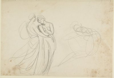 Duas figuras femininas perante uma figura sentada, esboço para «Duas donzelas a consultar uma adivinha» de George Romney