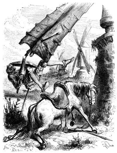 Batalha contra os moinhos: Dom Quixote e Rossinante são atirados ao chão pela asa de um moinho de George Roux