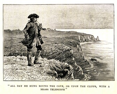 O Capitão Billy Bones observa a chegada dos piratas a partir do penhasco de George Roux