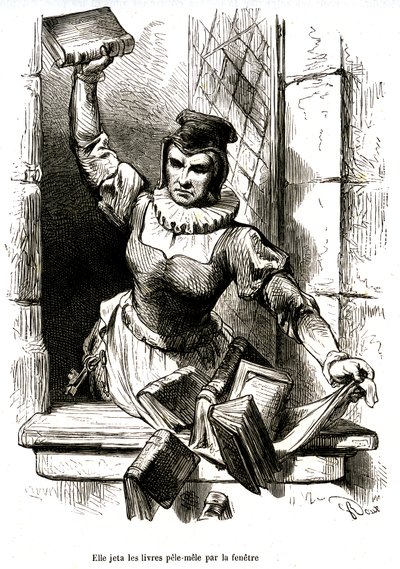 A governanta de Dom Quixote atira pela janela os livros da sua biblioteca de George Roux
