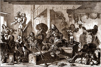 Dragonnades: perseguições dirigidas contra as comunidades protestantes do Reino de França durante a década de 1680. Século XIX (gravura) de George Roux