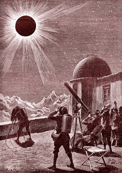 Exploradores no deserto africano observam o eclipse. 1888 (gravura) de George Roux