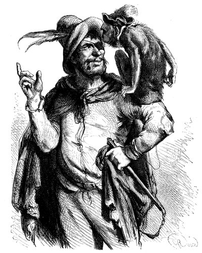 Ilustração de George Roux (1853-1929) para o Dom Quixote de Cervantes: Mestre Pedro e o seu macaco - o macaco na literatura - de George Roux