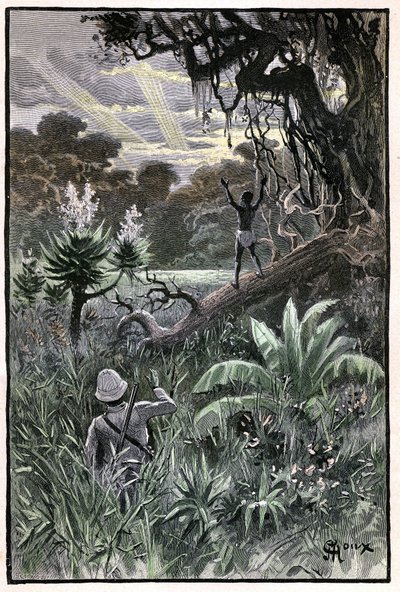 Ilustração de George Roux para o livro de Júlio Verne "A Aldeia Aérea" (1901), edição Hetzel/Viagens Extraordinárias, Mundos Conhecidos e Desconhecidos. Vista de uma floresta africana (Congo). de George Roux