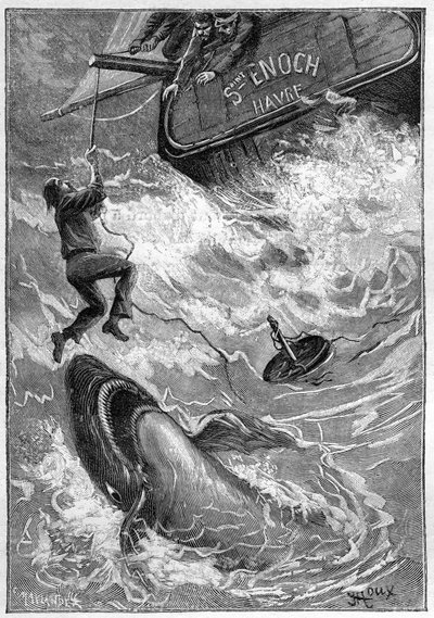 Romance de Júlio Verne "Les histoires de Jean-Marie Cabidoulin" (1901), Coleção Hetzel/Extraordiaires, ilustração de George Roux. "Cena marítima: marinheiro atacado por tubarão no Oceano Pacífico" de George Roux