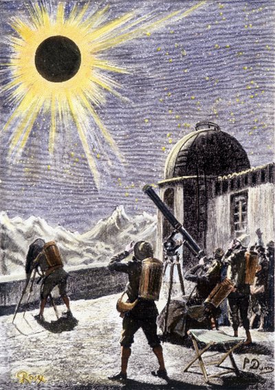 Pessoas a assistir ao eclipse - em "Les Exiles de la Terre" de André Laurie, ilustração de Georges Roux. Edições Hetzel de George Roux