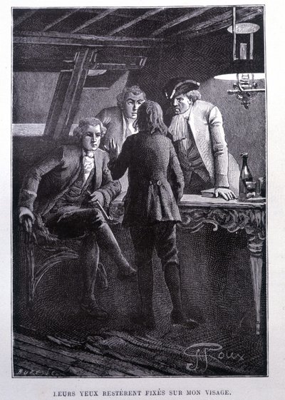 Cena da história na praça do navio: o jovem Jim Hawkins na frente do Dr. Livesey e do Chevalier Trelawnay - na "L