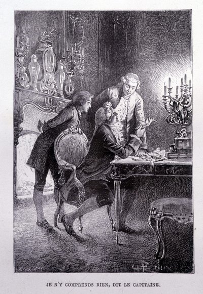 O jovem Jim Hawkins, Chevalier Trelawnay e Doctor Livesey reconciliam-se numa sala - em "L