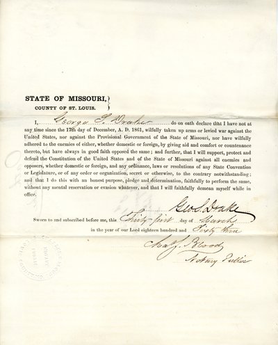 Juramento de lealdade de George S. Drake do Missouri, Condado de St. Louis de George S. Drake
