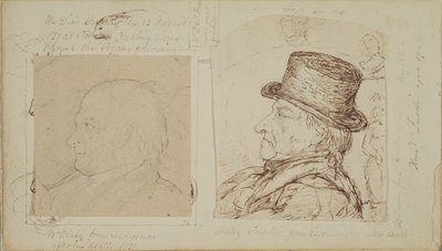 Estudos de coelhos com retratos sobrepostos de William Blake e Henry Fuseli (grafite e tinta sobre papel) de George Samuel