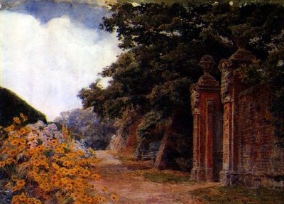 Uma fronteira de jardim com um muro e um portal de George Samuel Elgood