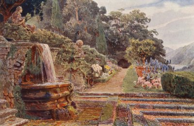 Jardins italianos: Villa Cicogna, abaixo da cascata (litografia a cores) de George Samuel Elgood