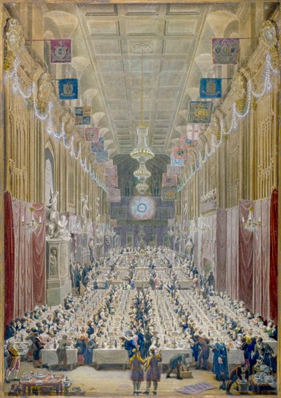 Vista do Jantar do Lord Mayor no Guildhall, City of London, 1828 de George Scharf