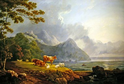 Uma Paisagem Extensiva com Ovinos e Vacas (óleo sobre tela) de George Senior Barrett