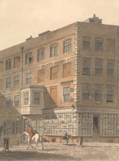 York House, a esquina da Villiers Street com a Strand, com o Ancient and Modern Print Warehouse da Richardson em primeiro plano de George Shepheard
