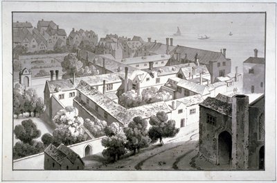 Vista aérea do Palácio do Bispo de Winchester, Southwark, Londres, c1820. de George Shepherd