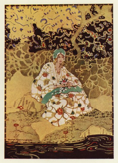 Uma menina muito bonita sentada na margem do riacho (cor litho) de George Sheringham