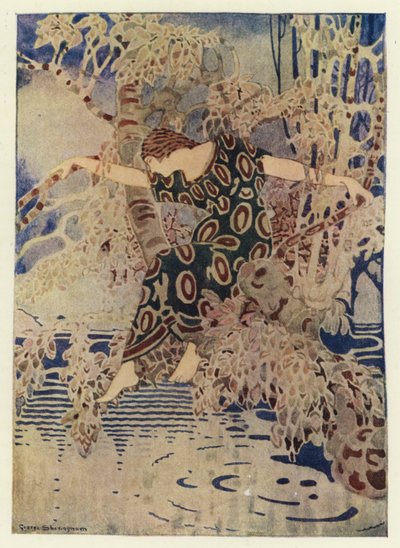 Ela subiu numa árvore que se estendia sobre a água (cor litho) de George Sheringham