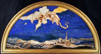 O Dragão que passa por cima dos viajantes (aguarela com cor de corpo e ouro sobre seda) de George Sheringham