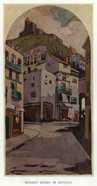 The Duenna by Sheridan: Street Scene in Seville (cor litho) de George Sheringham