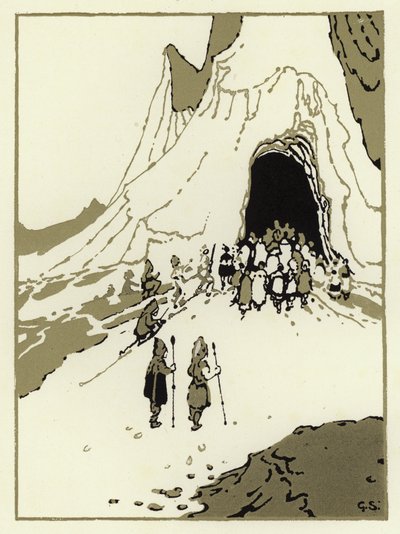 As pessoas partiram para encontrar os gigantes, logo chegaram à sua caverna (cor litho) de George Sheringham