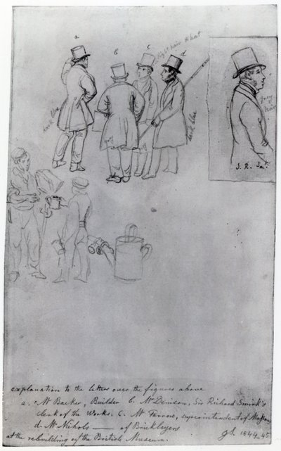 Construtores e agrimensores na reconstrução do Museu Britânico, 1844 (lápis sobre papel) de George Snr Scharf