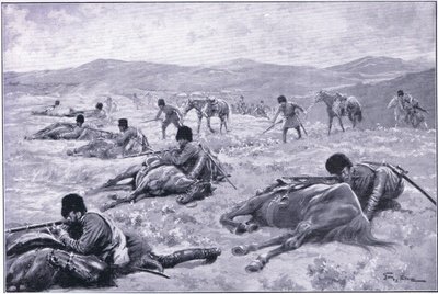Um cossaco e seu cavalo: um dispositivo para proteger a cobertura durante uma escaramuça, ilustração deCassells História da Guerra Russo-Japonesa Vol 1, c.1900 de George Soper