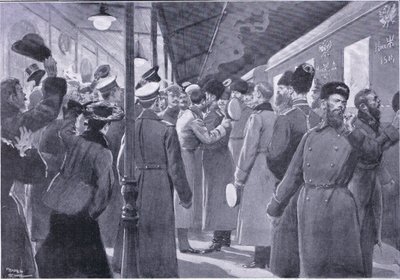 Czar despedindo-se de oficiais da Guarda Imperial, ilustração deCassells História da Guerra Russo-Japonesa vol 1, c.1900 de George Soper