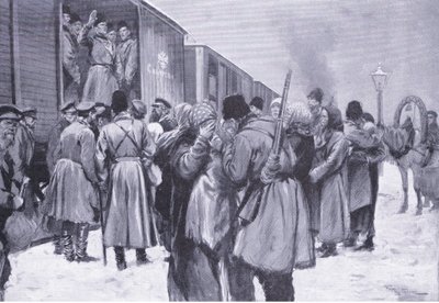 Partida das tropas russas para o Extremo Oriente, ilustração deCassells História da Guerra Russo-Japonesa vol 1, c.1900 de George Soper