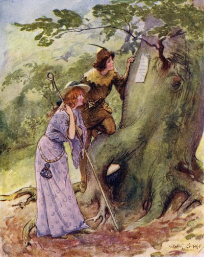 Ganimedes e Aliena ficaram estranhamente surpresos ao encontrar o nome de Rosalind esculpido nas árvores de George Soper