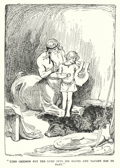 Jason e os Argonautas: "Então Cheiron colocou a lira em suas mãos e o ensinou a jogar" (litho) de George Soper
