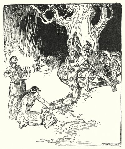 Jason e os Argonautas: "Então Jason saltou com cuidado e arrancou o velo do tronco da árvore" (litho) de George Soper