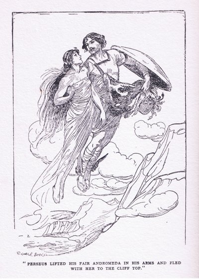 Perseu ergueu sua bela Andrômeda em seus braços e fugiu com ela para os topos dos penhascos, dos heróis publicados por George Allen e Unwin 1929 de George Soper