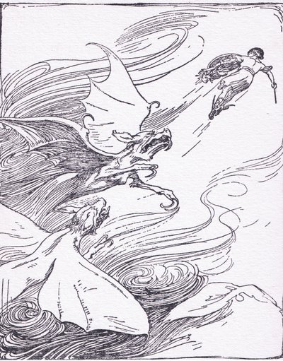 O sangue de Perseu ficou frio por toda a sua coragem quando ele os viu uivando em sua trilha, de The Heroes publicado por George Allen e Unwin 1929 de George Soper