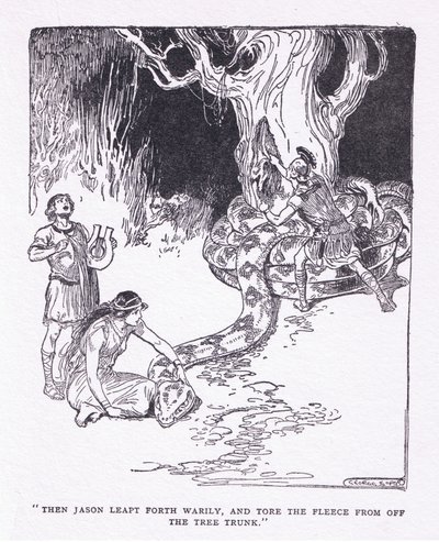 Então Jason saltou cansado e arrancou o velo do tronco da árvore, de The Heroes publicado por George Allen e Unwin 1929 (litho) de George Soper