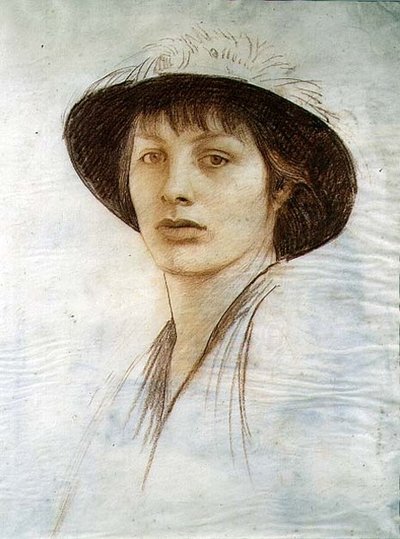 Menina com chapéu de penas (giz vermelho em velino) de George Spencer Watson