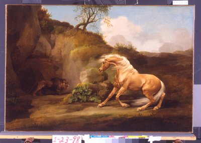 Um cavalo assustado por um leão, c.1790-5 de George Stubbs