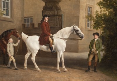 Detalhe de William Henry Cavendish Bentinck, 3º Duque de Portland, em frente aos estábulos da Cavalaria de Welbeck, 1766-7 de George Stubbs
