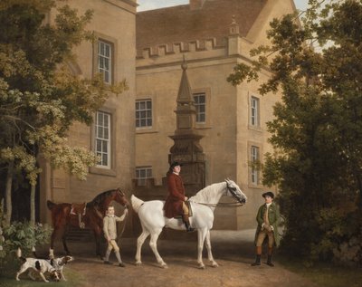 William Henry Cavendish Bentinck, 3º Duque de Portland, em frente aos estábulos da Cavalaria Welbeck, 1766-7 de George Stubbs