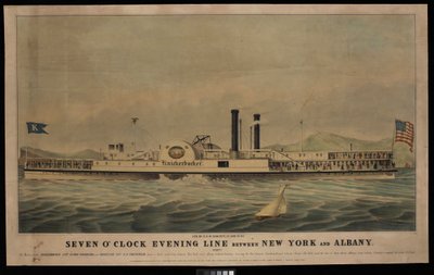 Linha da noite das sete horas entre Nova Iorque e Albany, direta: Os barcos a vapor Knickerbocker... e Rochester..., litografia, a cores, 542 x 881 mm, PAI6613 de George T. (after) Sanford