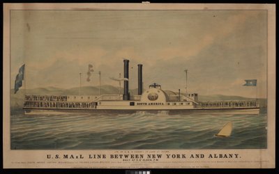 Linha de correio dos EUA entre Nova Iorque e Albany diariamente às 5 horas da tarde.... (litografia, colorida) de George T. (after) Sanford
