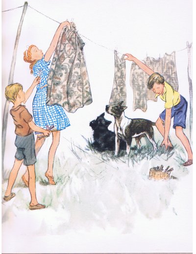 Pendurar a roupa no estendal - Nobby, o Bull terrier, e Ferdinand, o Aberdeen, de Pets Limited, publicado pela Collins de George Vernon Stokes