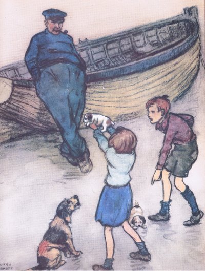 Rosie olhava ansiosamente enquanto os seus bebés eram exibidos, de Mudlarks publicado por Collins de George Vernon Stokes